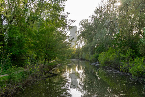 Watertower behind lake